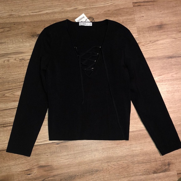 NEW!!! HP 🥳🥳Zara Black Low Cut Sweater with Ties - Picture 2 of 9